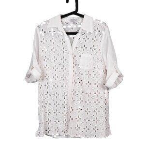 August Silk Options Button Up Eyelet Shirt PXL Womens White Petite Floral Design